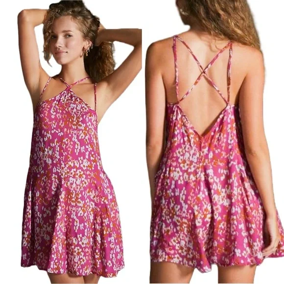 Anthropologie Pink Magenta Mini Floral Tank Dress Sundress Cocktail Halter Light - Picture 1 of 8